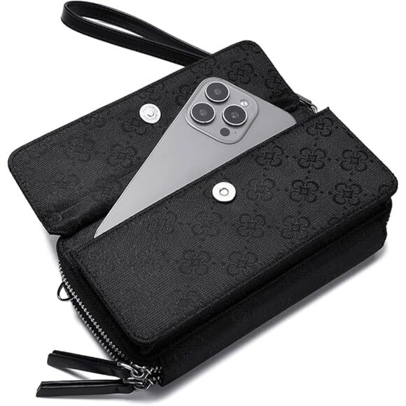 Women Jacquard Black Imported Faux Leather Crossbody With Phone Pocket Bag - Picture 3 of 4